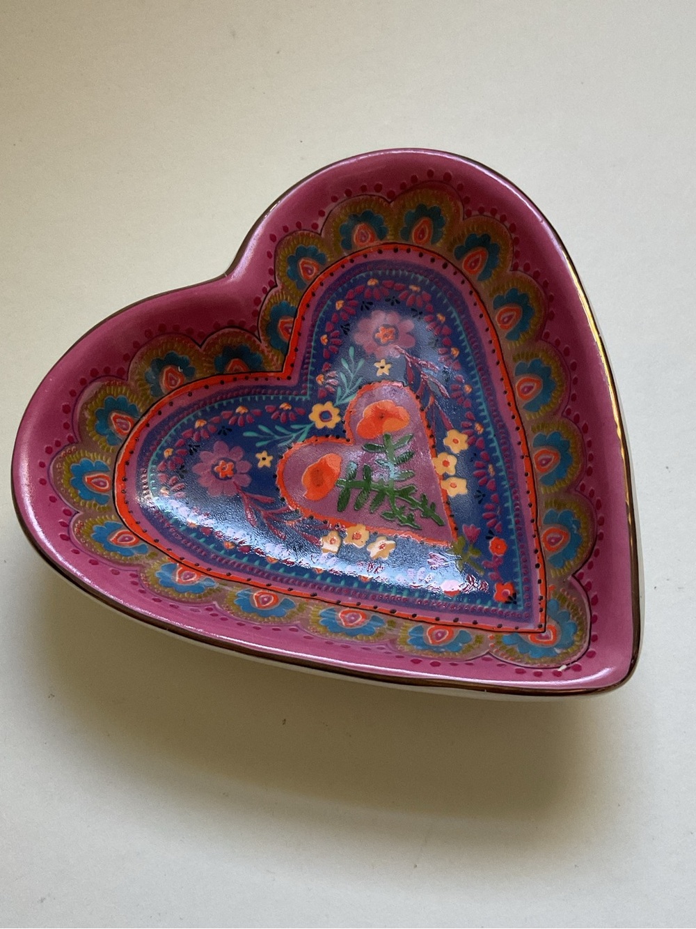 Natural Life Ceramic Painted Heart Shaped Trinket Dish Floral Boho Artsy
